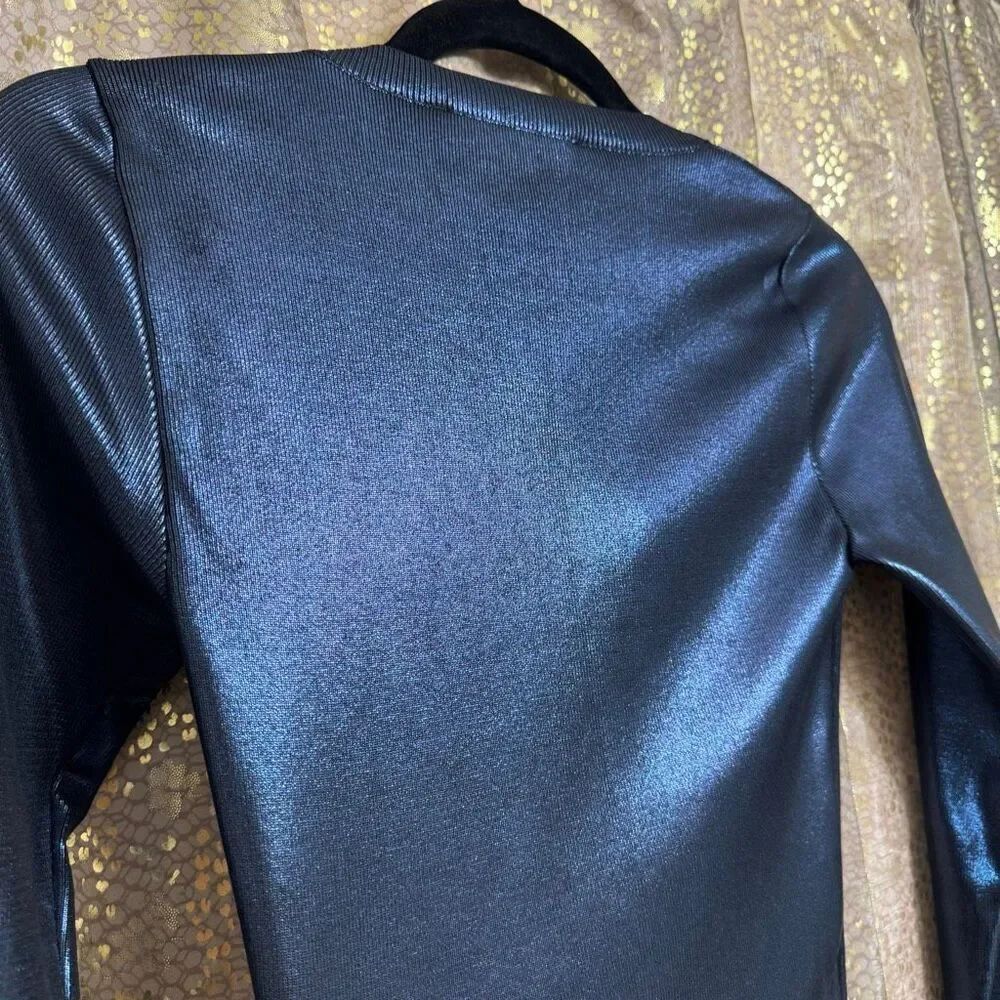 ZARA Navy Blue Metallic Foil Cropped Long Sleeve Futuristic Top Slim Small - Picture 6 of 8